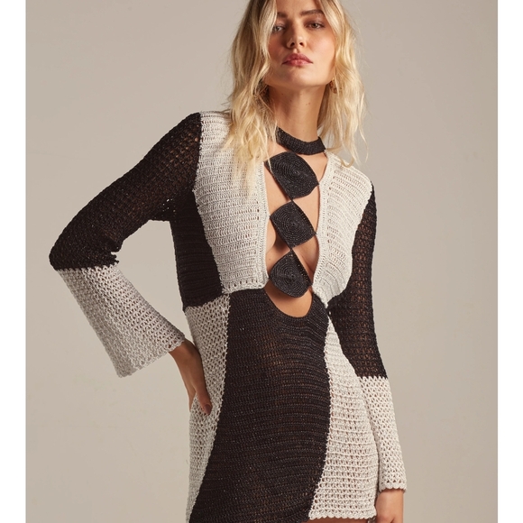 Andrea Almeida Black And White Crochet Greta Mini Dress Xs - Picture 2 of 16